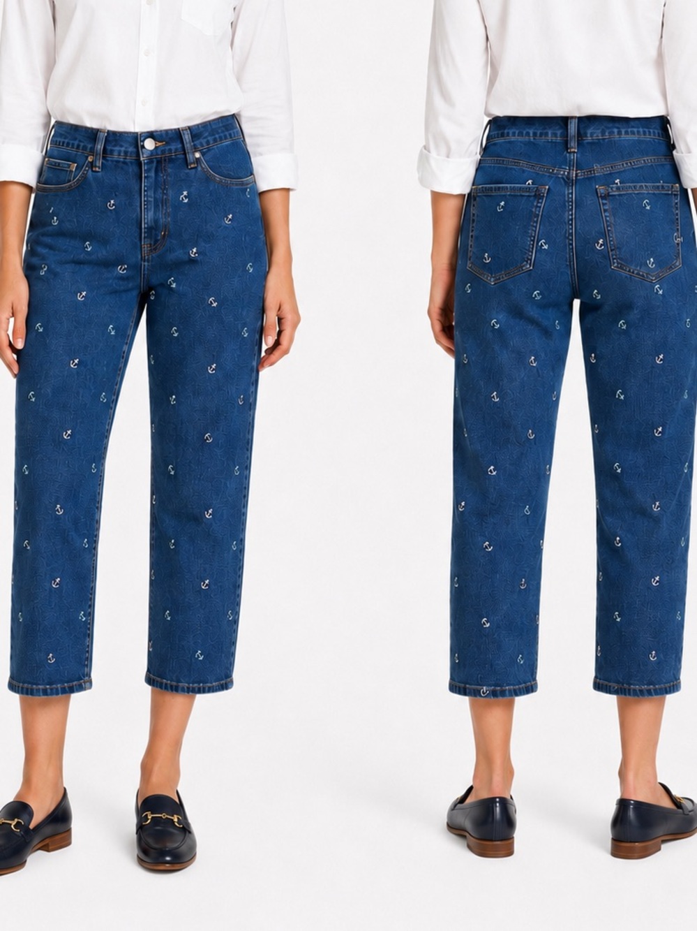 CHARTER CLUB Bristol Capri Blue White Anchor Embroidered Cropped Straight Jeans